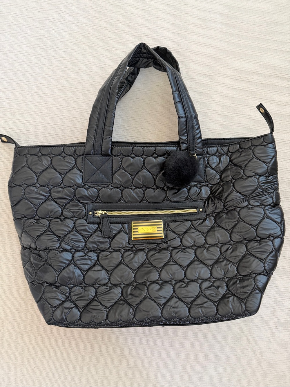 Betsey Johnson Black Quilted Heart Tote with Pom-Pom Charm